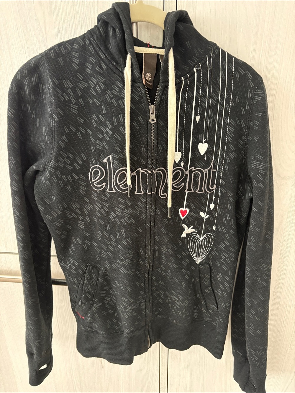 Element Black Heather Zip-Up Hoodie with White and Red Heart Accents